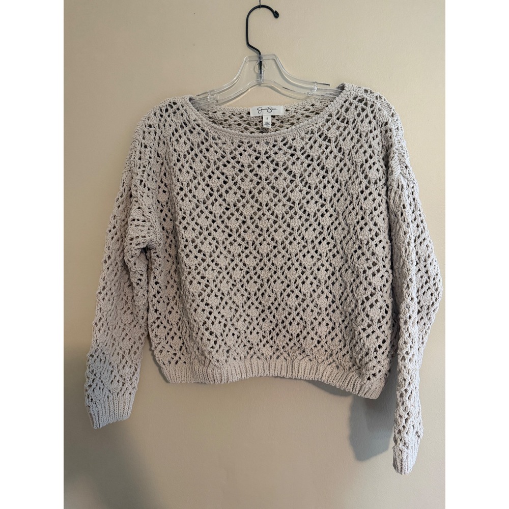 Jessica Simpson Beige Crochet Sweater Boho Coastal Grandmacore Knit S